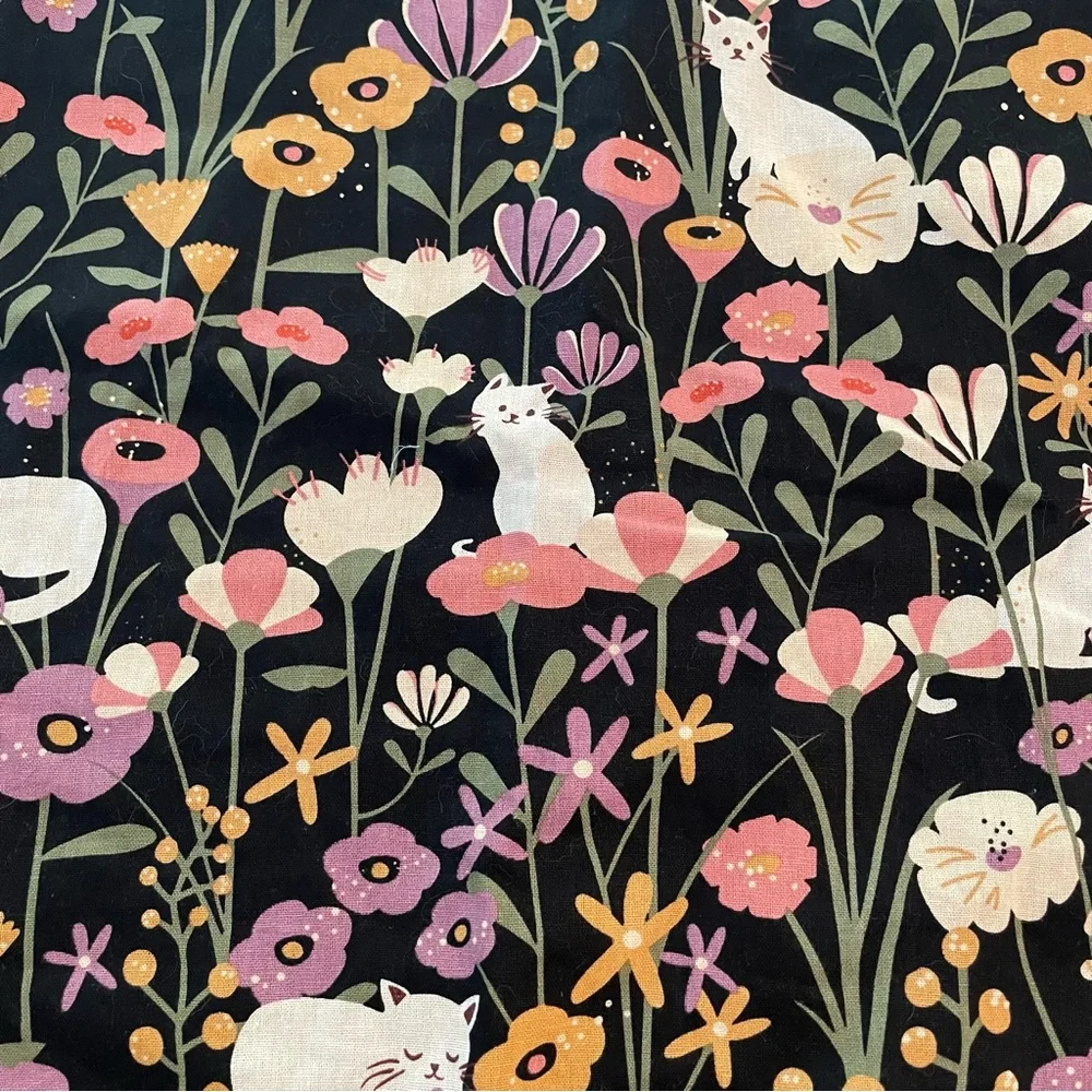 Modcloth Black Mini Skirt with Pink, Purple, Cream & Yellow Floral Cat Print - Picture 2 of 8